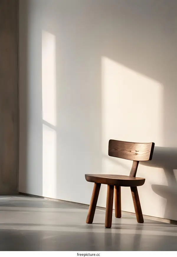 Wooden Chair Against White Wall With Sunlight