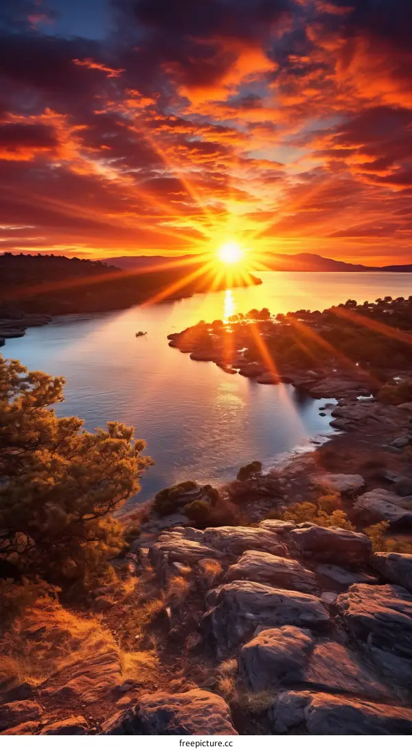 Rocky coast and calm sea at sunset