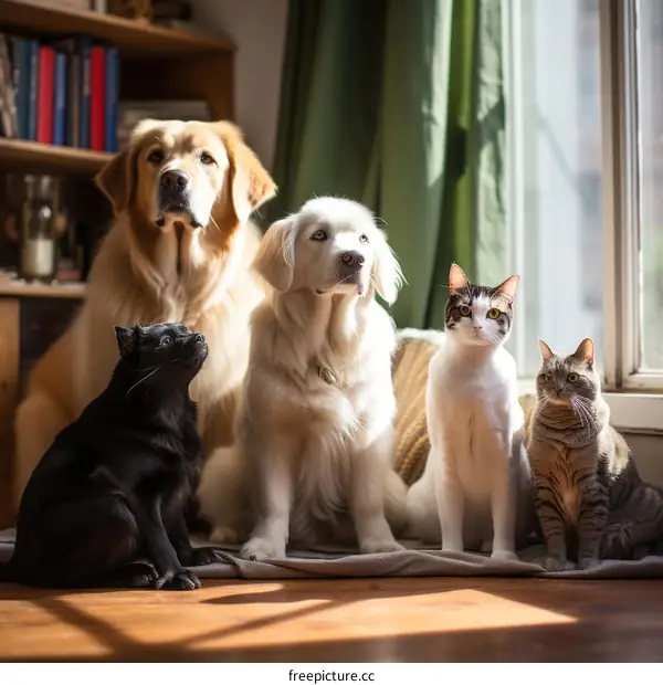 A group of cats and dogs sitting together in a sunny room