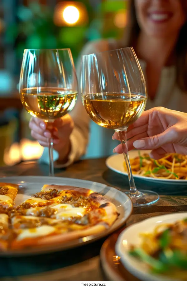 Two caucasian women toasting with white wine in a restaurant