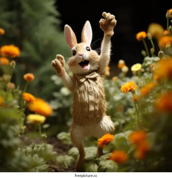 A cute rabbit is standing in a field of flowers