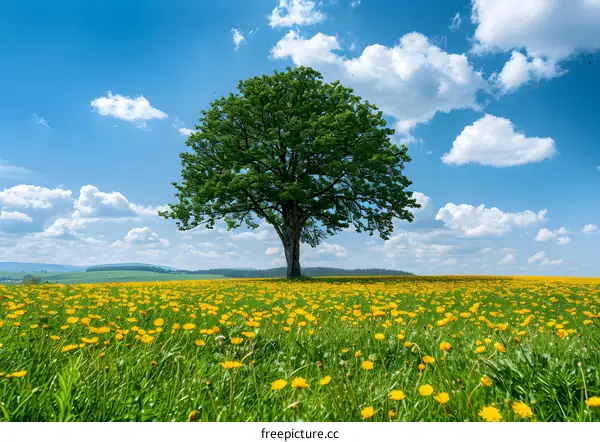 Single Tree in a Field of Yellow Flowers and a Blue Sky