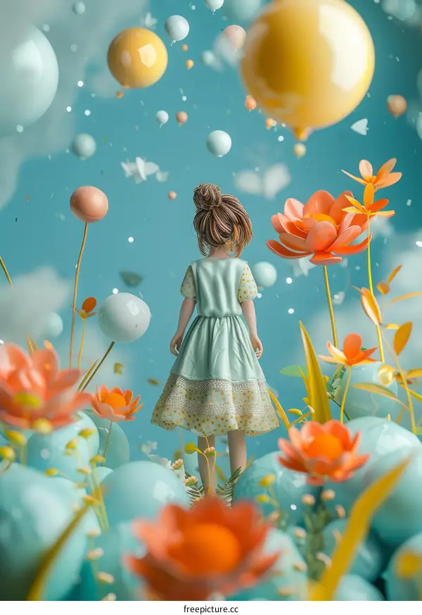 Girl in a surreal world of flowers and balloons
