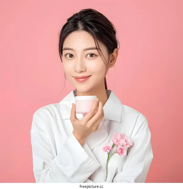 Beautiful Asian Woman Holding Pink Cream Jar with Flowers