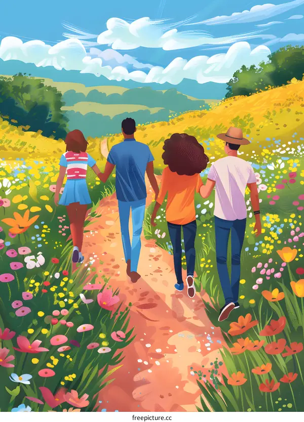 Four Friends Walk Through a Field of Flowers