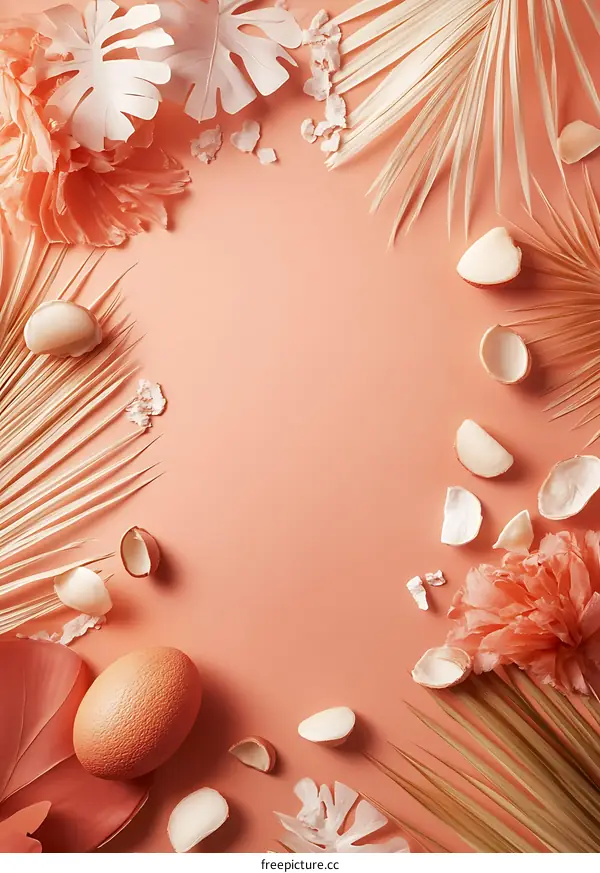 Coral Background With White Leaves and Coconut Shells