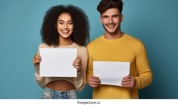 Smiling multiethnic people holding blank signs