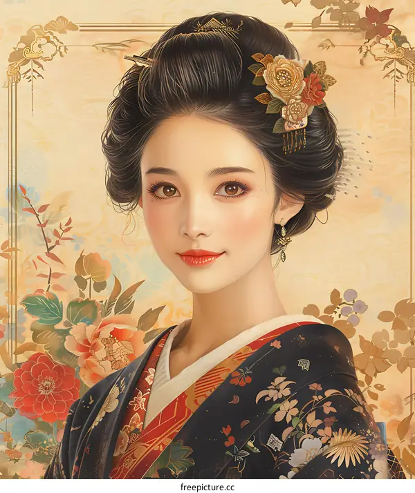Portrait of a beautiful Japanese woman in traditional kimono with floral background