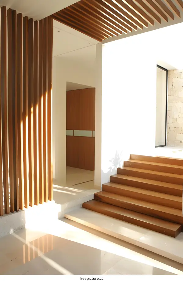 Modern Interior Design With Wooden Staircase And Slatted Wall