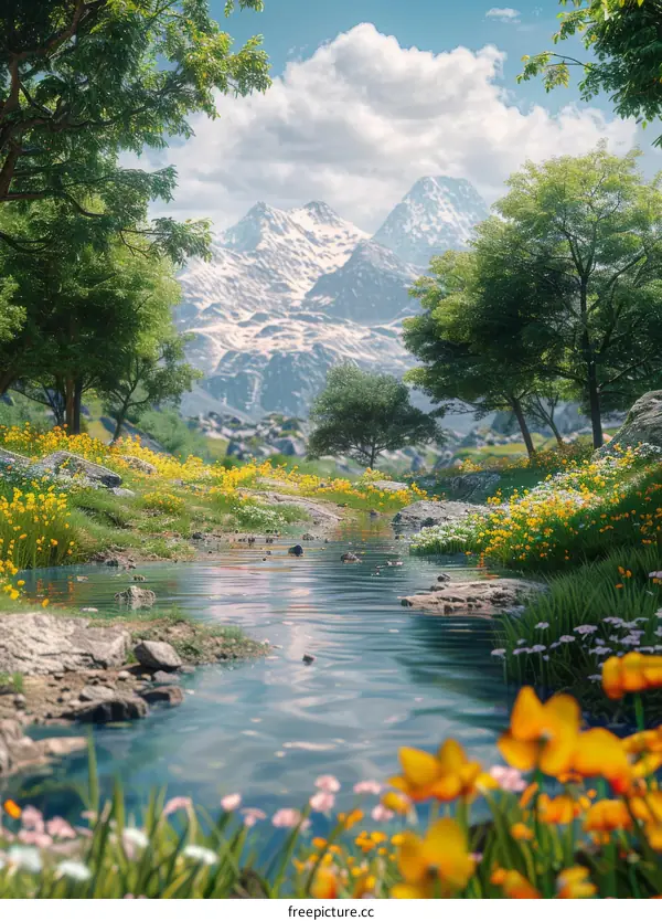 River Winding Through a Valley with Snow-Capped Mountains