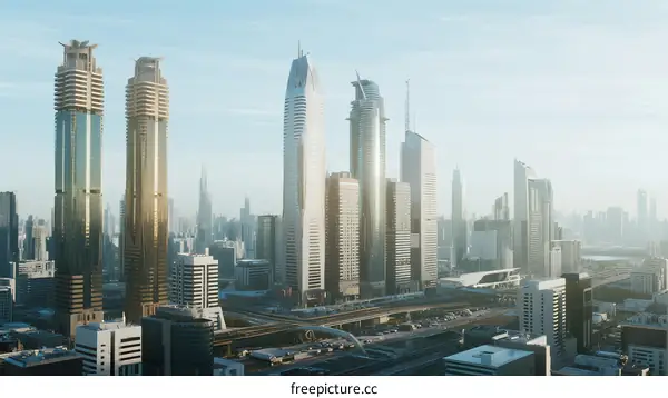Modern Urban Skyscrapers with Lush Greenery and Clear Sky