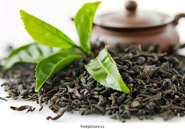 Black tea leaves with green tea leaves on top and a brown clay teapot in the background