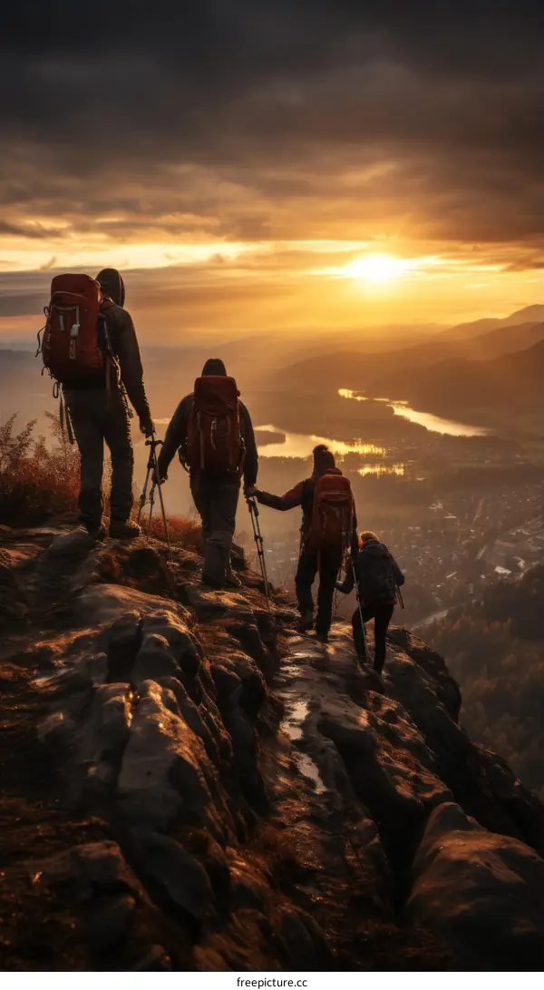 Four hikers on a rocky mountaintop at sunset