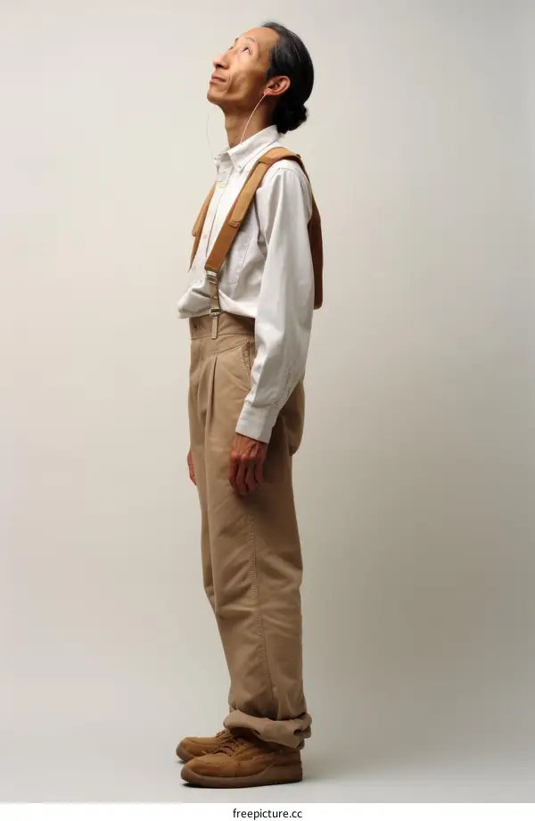 Asian man wearing suspenders and earphones looking up