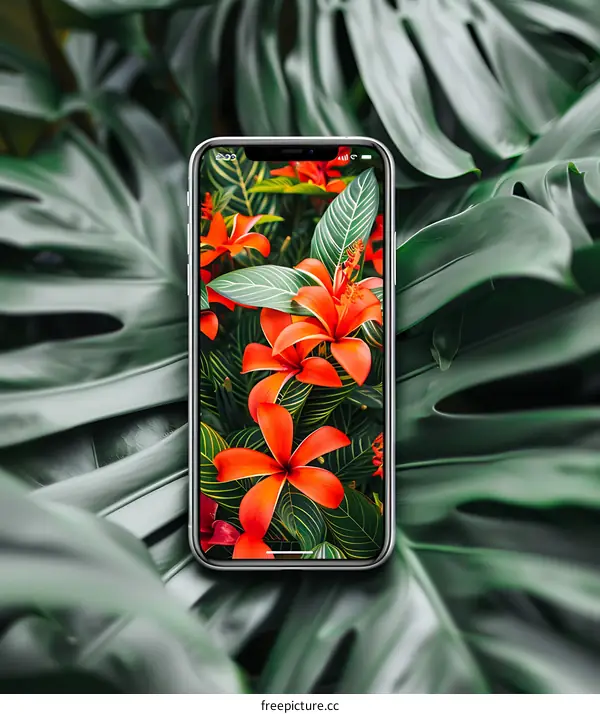 Smartphone Displaying a Photo of Red Flowers