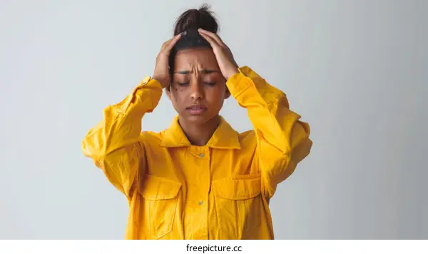 Frustrated young woman wearing yellow shirt holding her head in pain