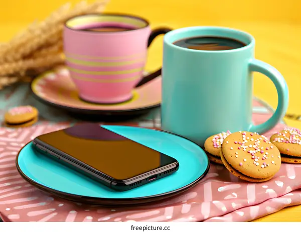 Coffee, Cookies, Phone, and a Yellow Table