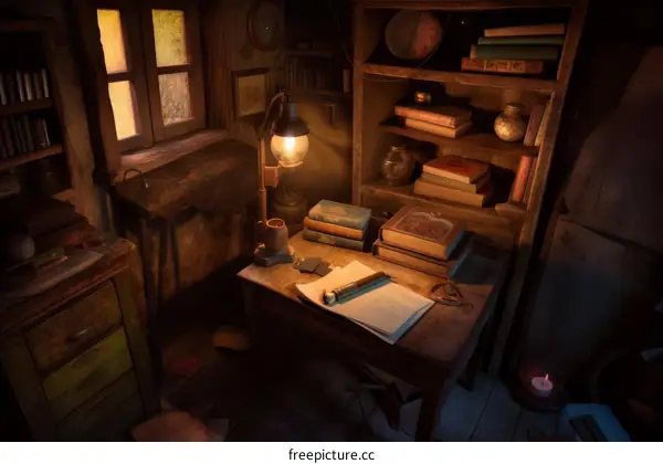 cozy home office decorated with books and vintage stuff