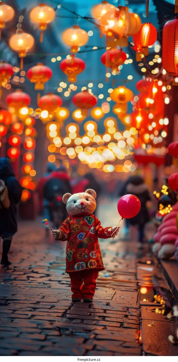 A teddy bear holding a balloon in a street with red lanterns
