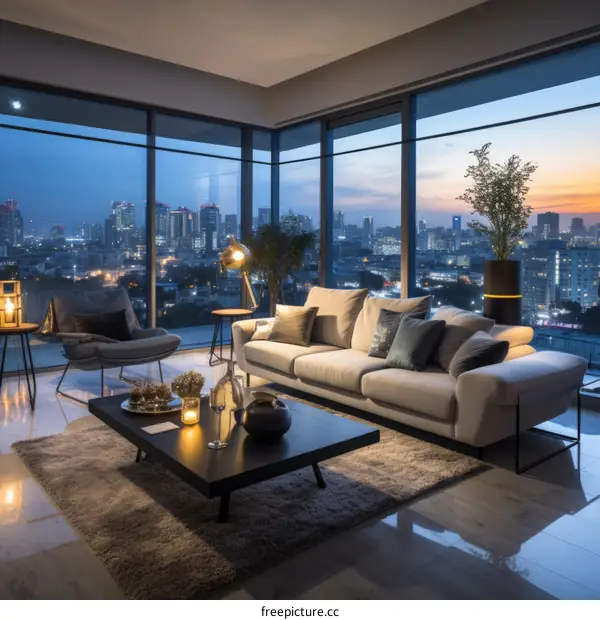 Modern living room interior with city view at night