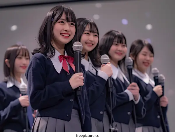 Five Japanese school girls in blazers holding microphones