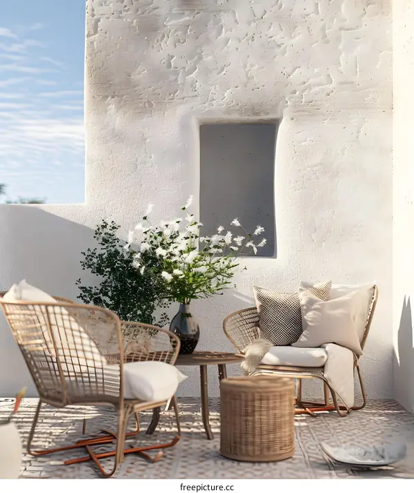 White Wall Patio With Rattan Chairs And Flowers