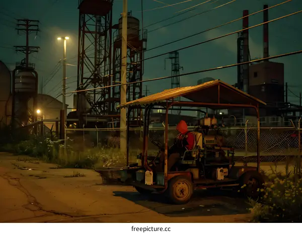 Person in Red Hoodie Driving a Small Vehicle in a Industrial Area at Night