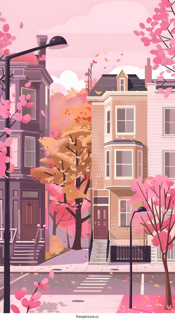 Pink and Purple City Street with Autumn Trees