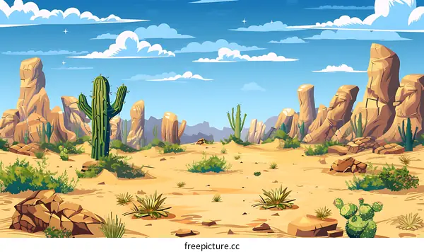 Desert Landscape with Cacti and Rocks