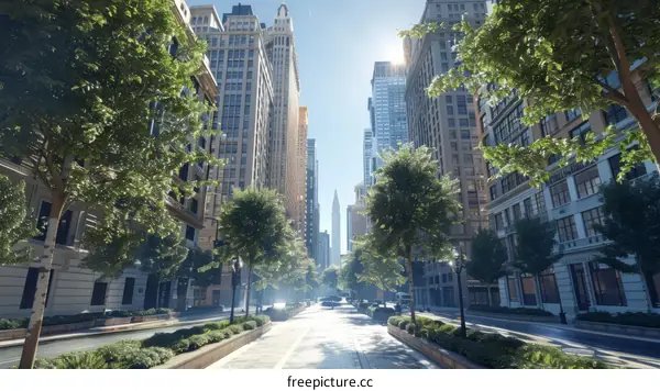 City Street Scene with Tall Buildings and Trees