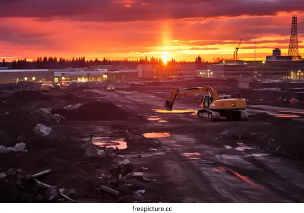 Excavator Working on Construction Site at Sunset
