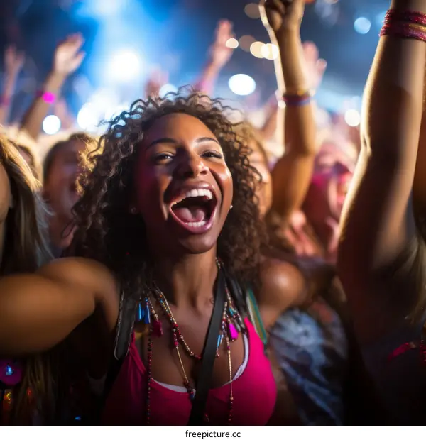 Ecstatic African American woman at a concert with her arms in the air
