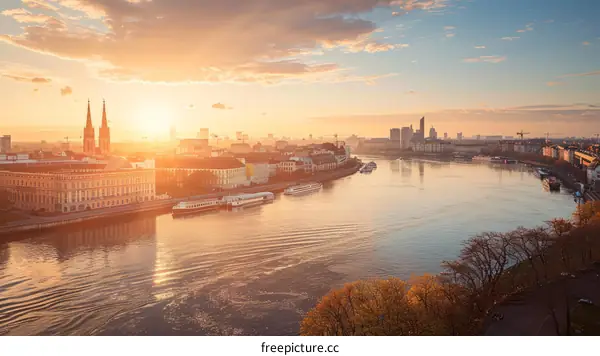 Scenic view of a city at sunrise with a river flowing through it