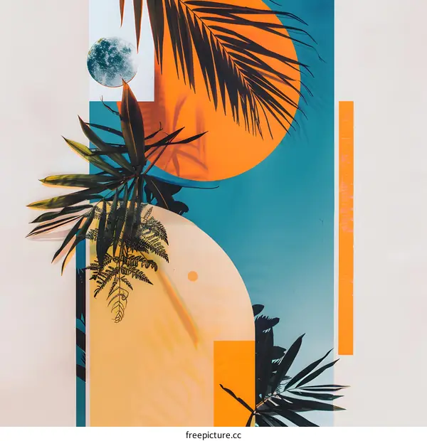 Abstract Tropical Collage with Palm Leaves and Geometric Shapes