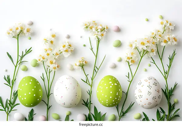 Easter Eggs and Flowers on White Background