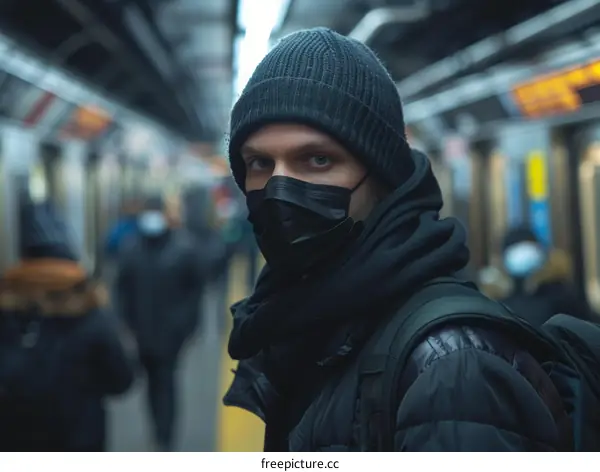 A young man wearing a mask is looking at the camera in a subway station.