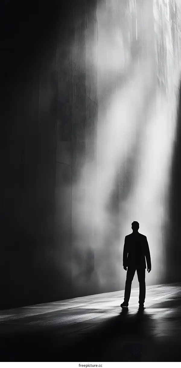 Silhouette of Man Standing in a Dark Room with a Light Beam
