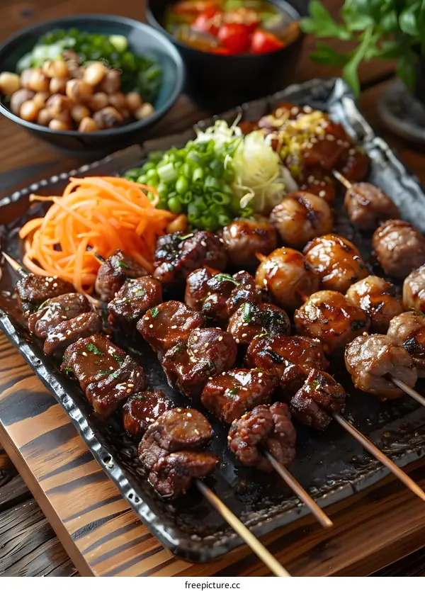 meat skewers on a black plate