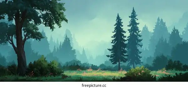 Misty Forest Landscape Illustration