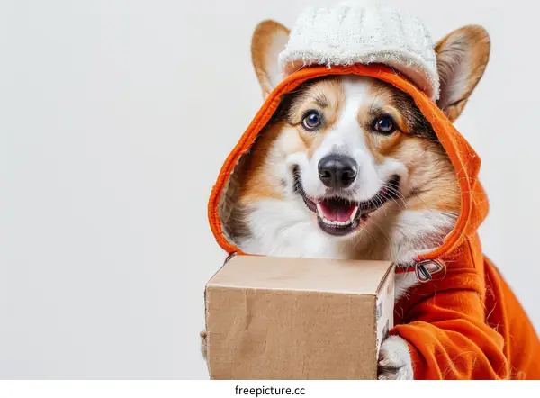 Cute Dog in Orange Hoodie with Package