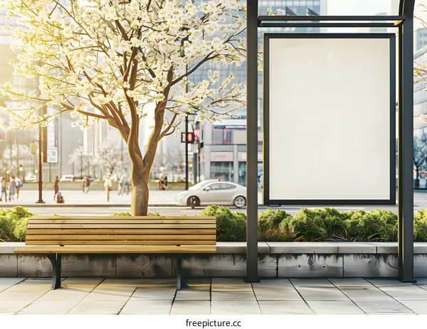 Empty Billboard With Bench and Flowers