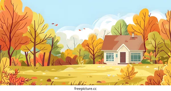 Autumn House with Yellow Trees and Blue Sky