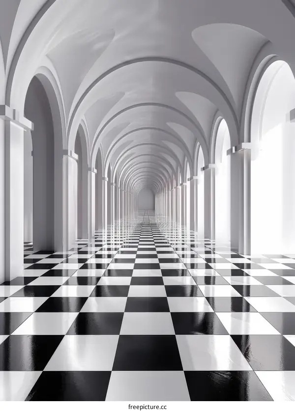 Black and white checkered floor tiles in a long hallway with arches