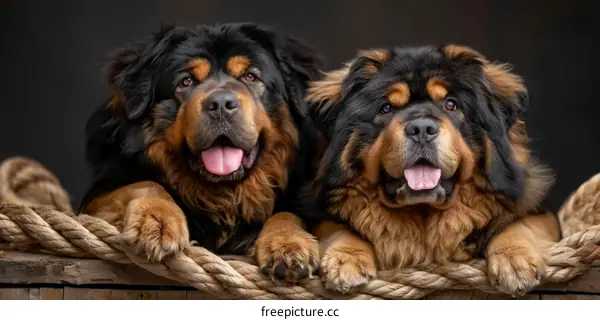Two Tibetan Mastiffs Resting on a Wooden Platform