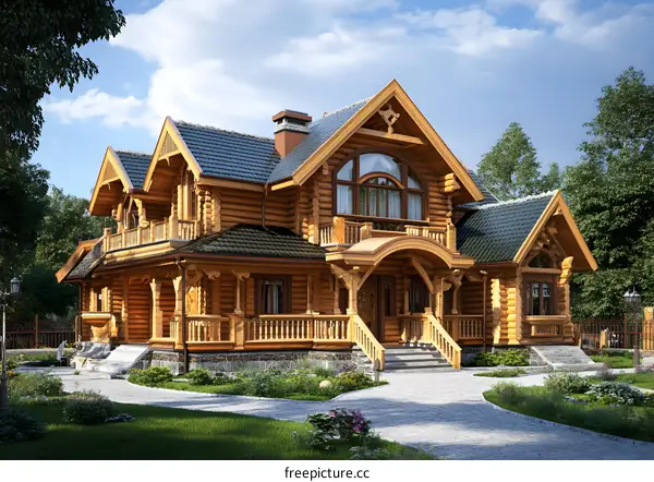 Wooden House with Balconies and Large Windows