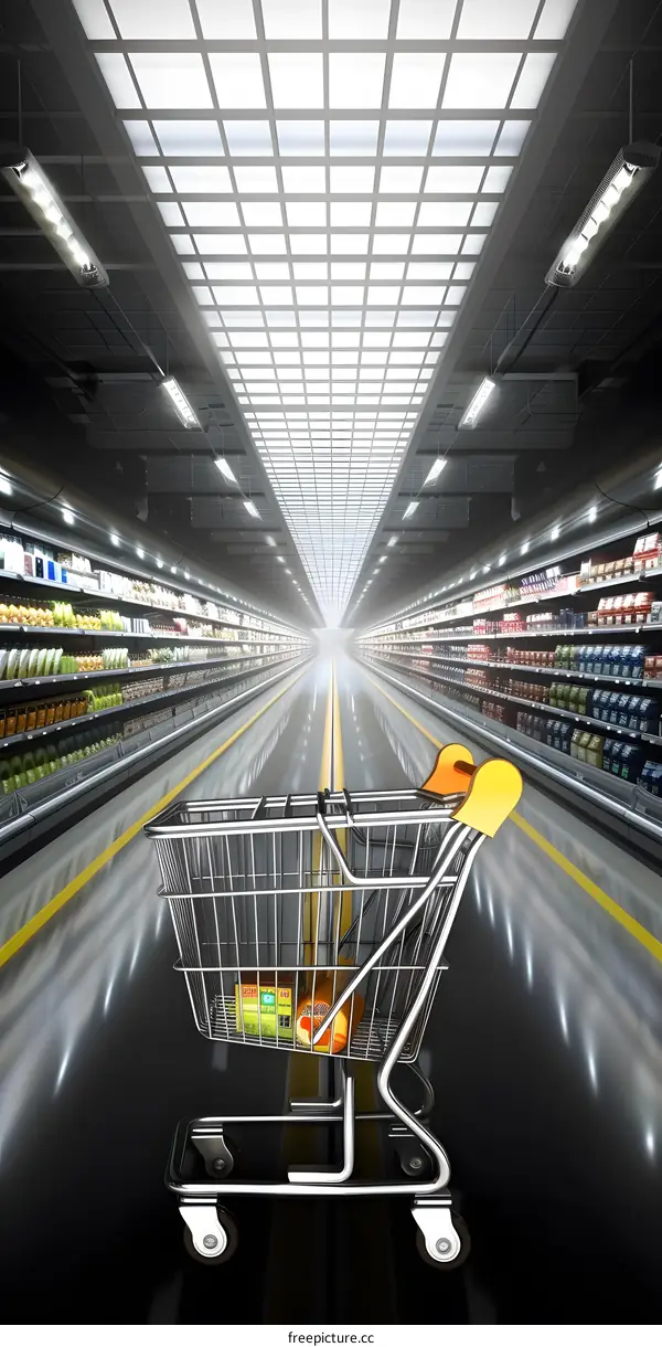 Shopping Cart in a Supermarket Aisle with Ceiling Lights