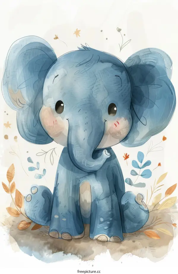 A Cute Blue Elephant Sits on the Ground with Flowers