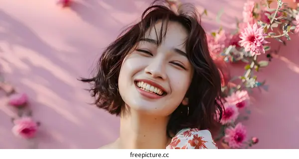 Portrait of a Beautiful Asian Woman with Pink Flowers in the Background