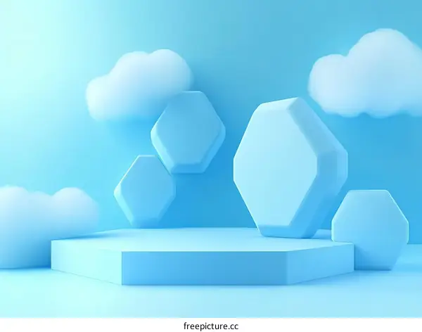 Abstract Light Blue Geometric Display Stage with Clouds