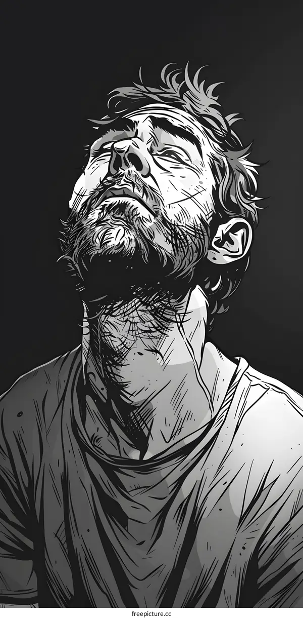 Black and white sketch of a man looking up